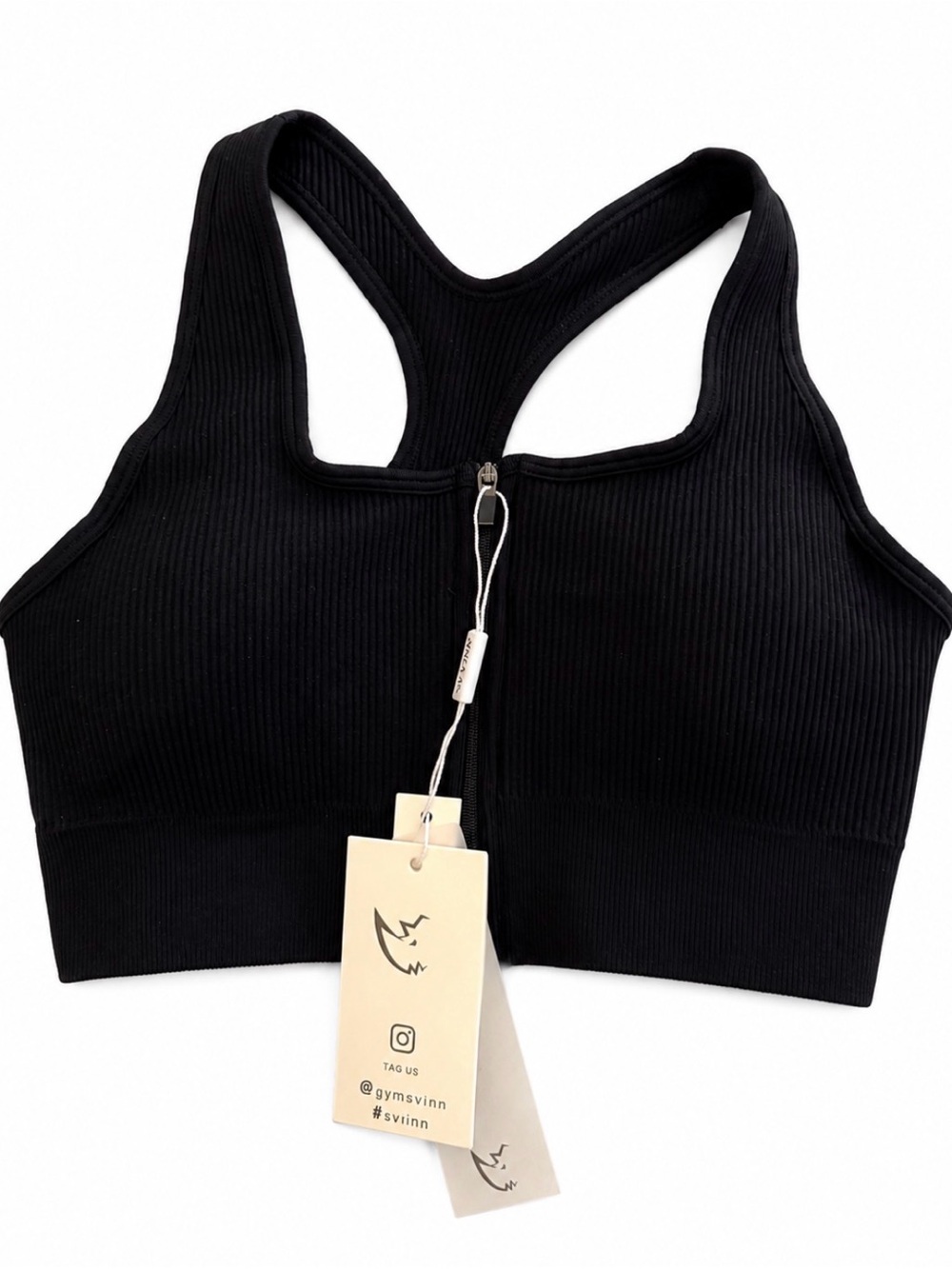 SVVINN Black Ribbed Zip Front Racerback Sports Bra NWT - Picture 2 of 4